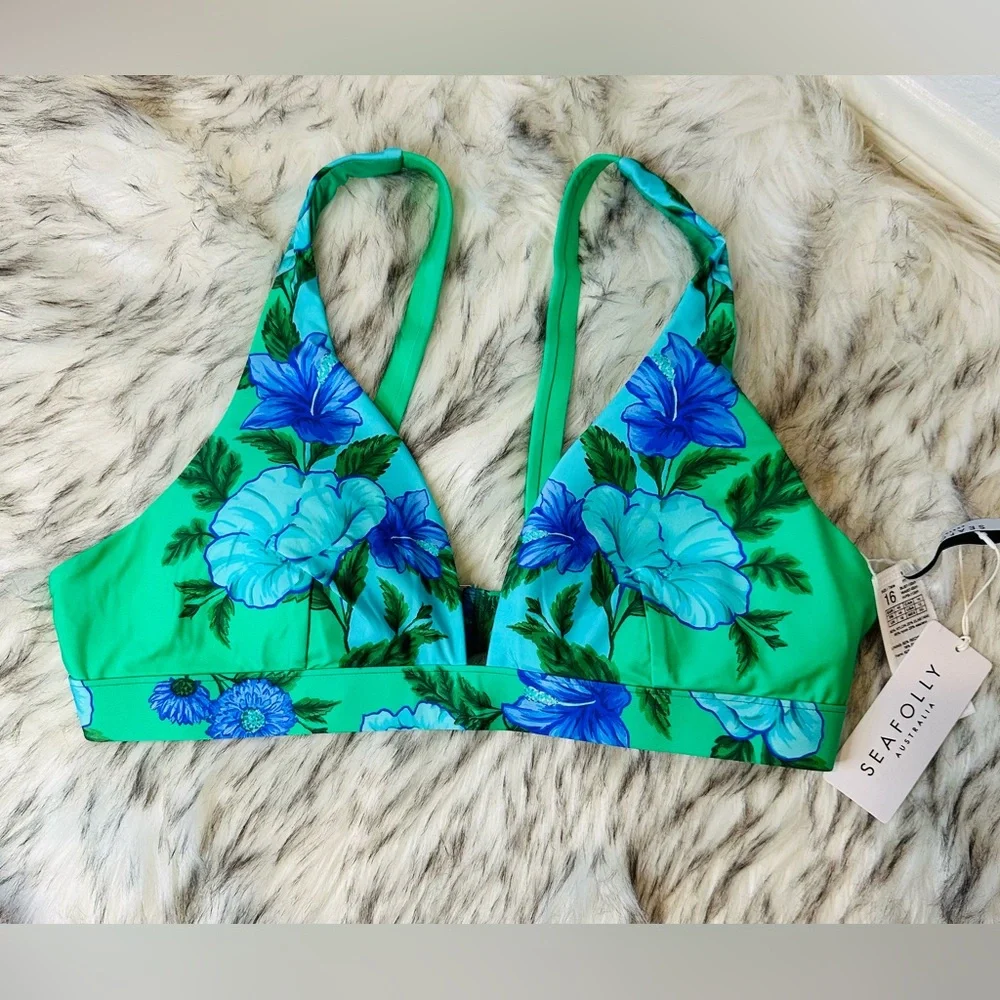 Seafolly Green and Blue Floral Bikini Top Garden Party Print Longline Tri USA 12 - Picture 2 of 3